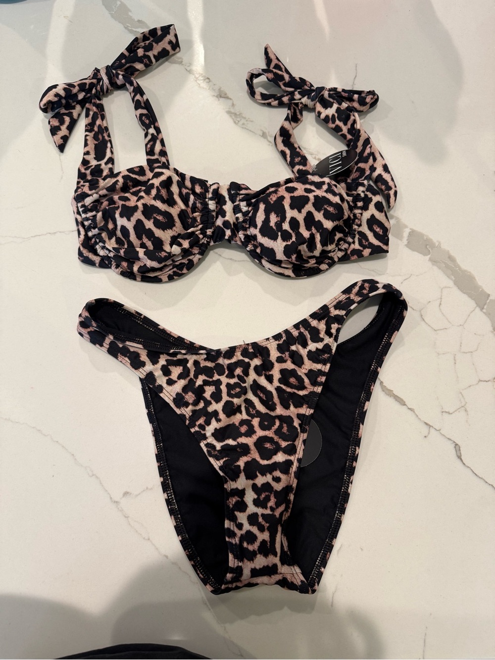 Vici Leopard Tie-Shoulder Bikini Set - Pink and Black